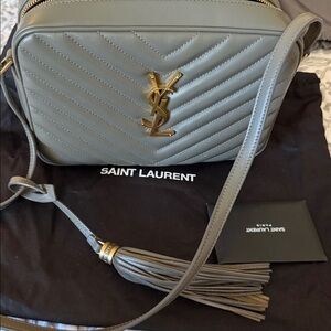 Saint Laurent Quilted Gray Crossbody with Gold Accents